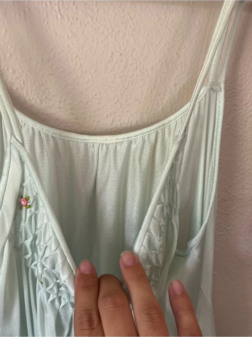 Vintage Light Blue Smocked Rosebud Maxi Nightgown Double Strap Lingerie
